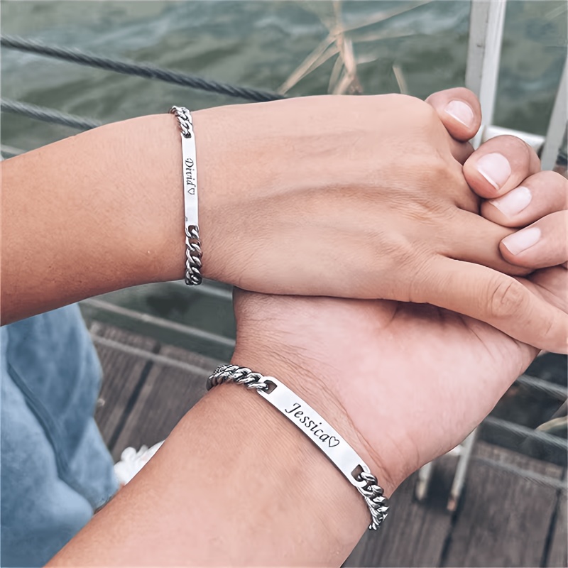 Custom Stainless Steel Cuban Couple Bracelet, Personalized Gift